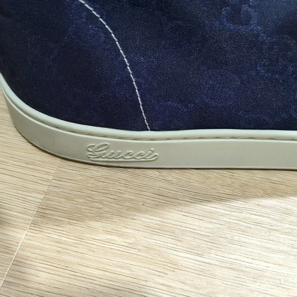 GUCCI GUCCISSIMA MONOGRAM GG NYLON/LEATHER HIGH SNEAKERS NAVY/TAN
